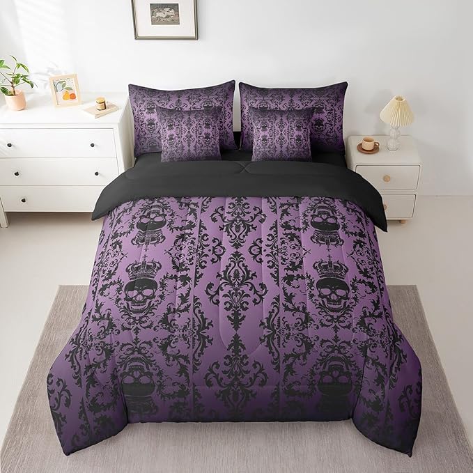 Erosebridal Sugar Skull Comforter Set 7 Piece Bed in a Bag Twin,Gothic Bedding Set,Purple Black Damask Bohemian Vintage Floral Comforter and Sheet Set,Goth Skeleton Antique Victorian Baroque Decor
