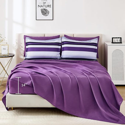 WONGS BEDDING Comforter Set King Size, Purple Bed in a Bag, 7 Pieces Comforter with Sheet Set, Striped Bedding Set for All Seaon (104"×90")