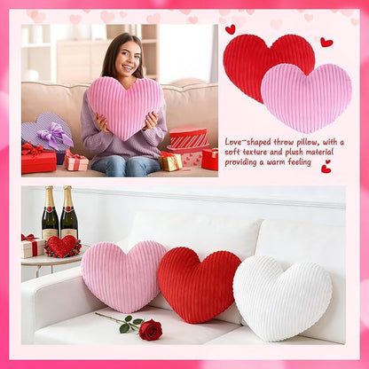 Cumule 3Pcs Valentine's Day Heart Pillows Ribbed Large Love Heart Pillows Red Ivory Pink Pillows for Valentines Day Living Room Bedroom Decor