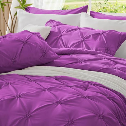 BEDELITE Purple King Size Comforter Set - 3 Pieces Boho Pintuck Bedding Comforter Sets, Lightweight Soft & Warm King Bedding Set with 2 Pillowcases for All Season