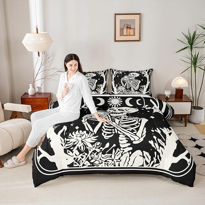 Erosebridal Goth Bedding Set Queen for Home, Spooky Halloween Gothic Skull Comforter Set, Skeleton Drinking Coffee Black Comforter, Sun and Moon Quilt with 2 Pillowcases for Kids Teens Women Men