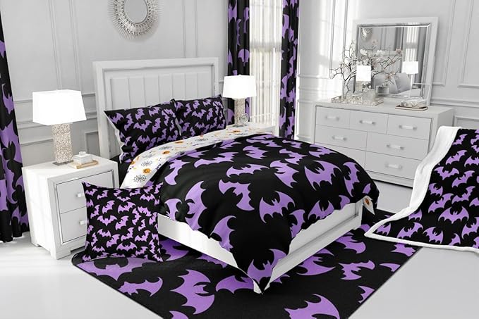 Erosebridal Purple Bat Toddler Comforter Halloween Bat Bedding Set Spooky Goth Gothic Animal Duvet Insert Horror Halloween Bed Sets for Kids Teens Adults