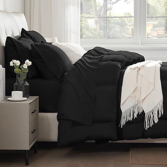 SunStyle Home Full/Queen Comforter Set - 7 Pieces Black Bed in a Bag, All Season Soft Comforters Queen Size Bedding Sets Includes 1 Comforter, 1 Flat Sheet, 1 Fitted Sheet, 4 Pillowcases