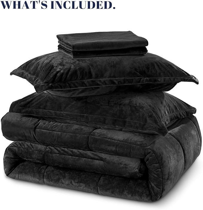 PHF Double-Sided Velvet Comforter Set King Size, 5 Piece Soft Luxury Winter Warm Bedding Sets, Modern Bed in A Bag Including 1 Cozy Comforter, 2 Pillow Shams, 2 Euro Shams for Home Decor, Black
