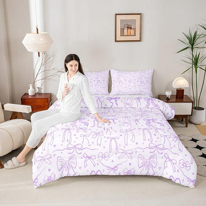 Cartoon Bowknot Kids Bedding Set Queen Size,Purple Bow Tie Comforter Set 3Pcs,Butterfly Knot Princess Girls Quilt Set for Teens Woman,Bow Stars Love Sweet Girly Duvet Insert,2 Pillowcases