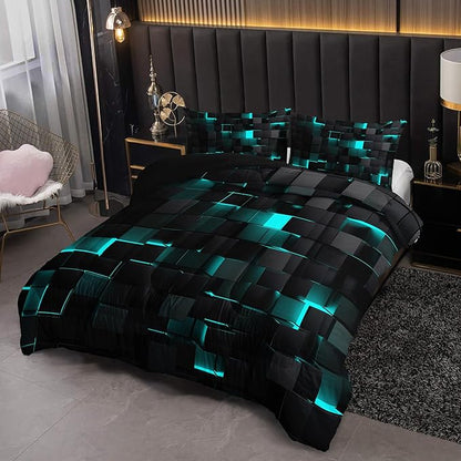 Neon Turquoise Black Comforter Set Queen Geometric Kids Bedding Set,3 PCS Geometry Honeycomb Bed Set Modern Quilt Set 1 Comforter 2 Pillow Cases Cool Room Decor All Season B-Side Black
