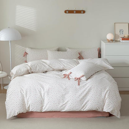 mixinni Floral White Comforter Set King Size, Farmhouse Bedding Sets Soft Fluffy Fresh Pink Flowers Green Leaves Comforter for All Season, 3 Pieces Cute Floral Bedding Comforter Set for Women