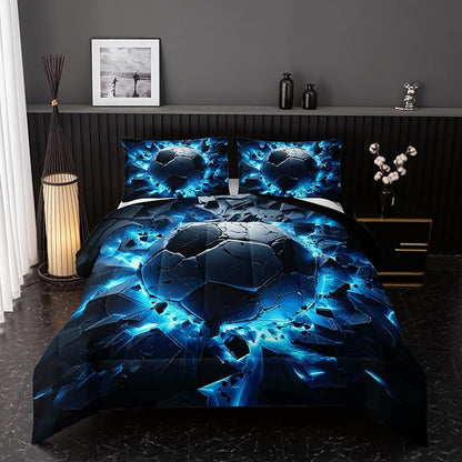 Soccer Bedding Comforter Set Queen Size for Kids Teens and Adults, Blue Black Football Printed Bedding Sets 3 PCS,Ball Sports Themed Bedroom Decor with 1 Comforter and 2 Pillowcases