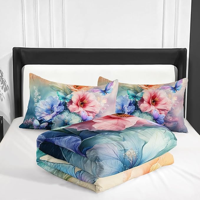 Colorful Flower Comforter Set Twin Size 3 PCS Bed in a Bag,Cute Floral Butterfly Bedding Set for Girls Teens,Ultra Soft Microfiber Comforter Bed Set with 3-Pieces, Floral Bedroom Decor