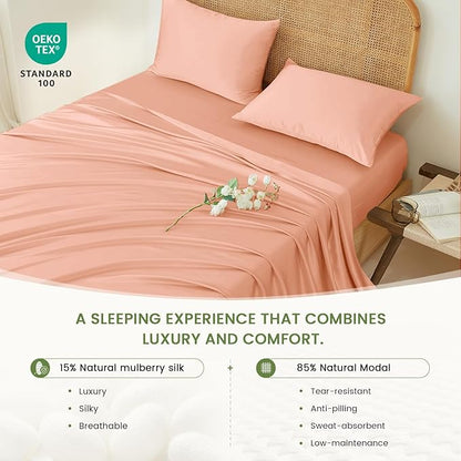 THXSILK Luxury Mulberry Silk Bed Sheets Set - 4pcs Silk Sheets Set 16" Deep Pocket - 1 Flat Sheet, 1 Fitted Sheet, 2 Pillowcases with Zipper Closure - Full, Peachy Pink