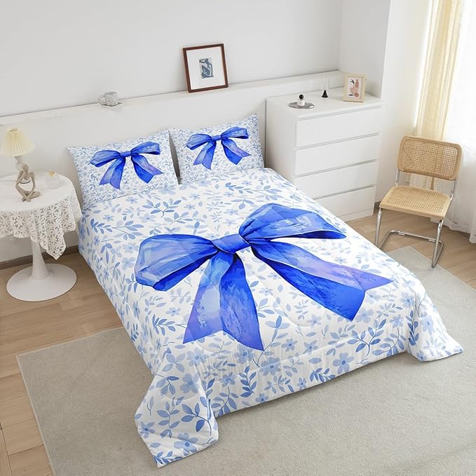 Erosebridal Blue Bow Bedding Set for Kids Boys Girls Teen,Bowknot Bedding Comforter Sets Cute Bow Tie Comforter Set Twin Size Watercolor Flower Plant Quilt Duvet Room Decor 1 Pillow Case