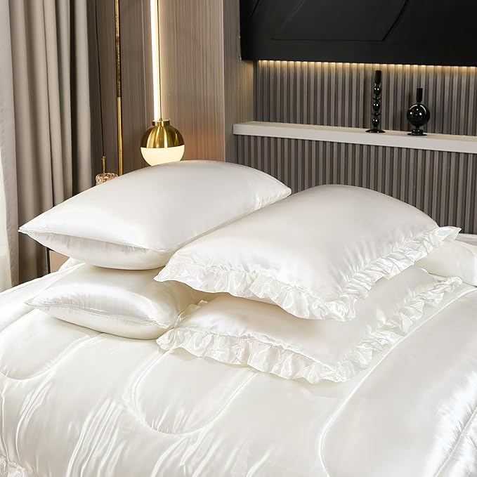 Silk Like Satin Comforter Set with Sheet Set Queen 8 Pcs White Satin Bedding Set Silky Ruffle Pattern Home Deocr Luxury Hotel Silky Bed in a Bag with 1 Cushion Cover