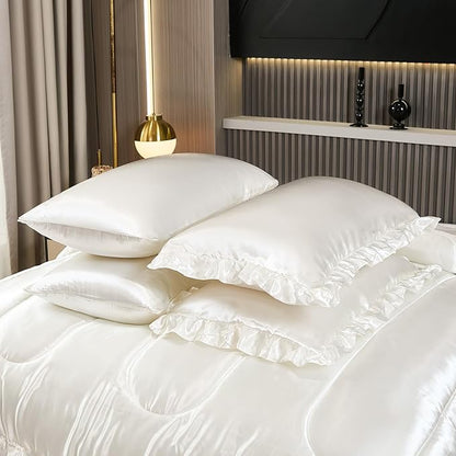 Silk Like Satin Comforter Set with Sheet Set Queen 8 Pcs White Satin Bedding Set Silky Ruffle Pattern Home Deocr Luxury Hotel Silky Bed in a Bag with 1 Cushion Cover