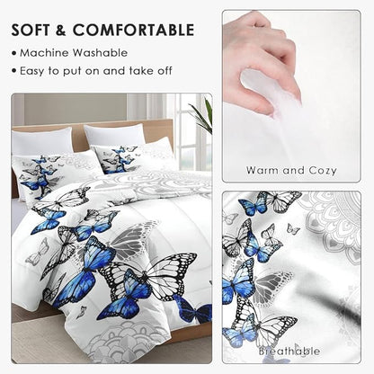 Twin Size Comforter Set with Pillowcase, Summer Spring Blue Butterfly 2 Pcs Bedding for Kids and Adults, Abstract Circular Mandala Floral Soft Comforter Set for Bedroom Bed Decor