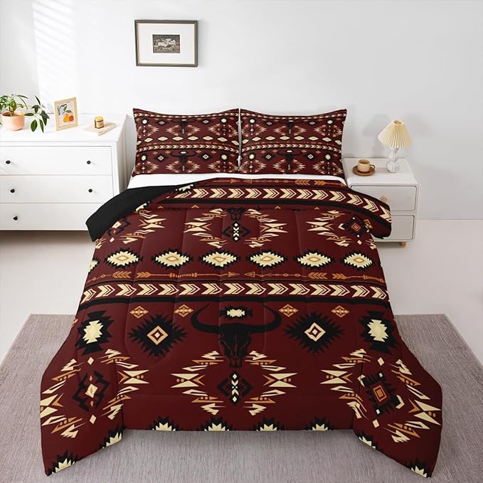 Feelyou Brown Western Aztec Decor Comforter Set Southwestern Twin Size Bedding Set Exotic Bull Skull Duvet Quilt Ethnic Tribal Bedroom Decor