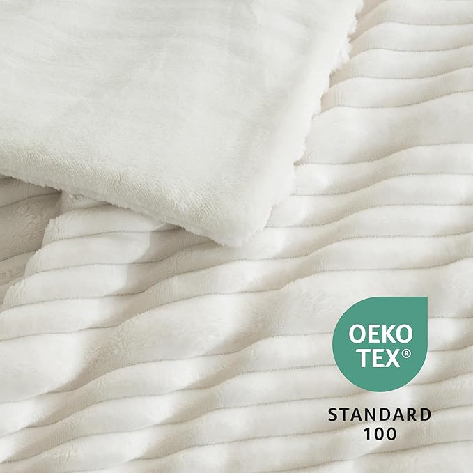 Amélie Home Premium Fleece Queen Comforter Set,Soft Fuzzy Striped Flannel Bedding Set for Winter, 3 Pieces, 1 Cozy Comforter with 2 Pillowcases, Ivory, 90"x90"