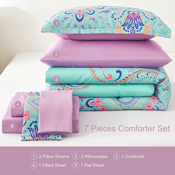 Queen Comforter Set, 7 Piece Bed in a Bag, Boho Aqua and Lilac Damask Medallion Print Comforter with Sheets, Soft Microfiber Complete Bedding Set for All Season (Aqua, Queen)