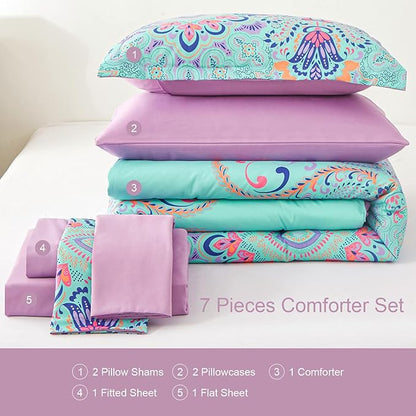 King Size Comforter Set, 7 Piece Bed in a Bag, Boho Aqua and Lilac Damask Medallion Print Comforter with Sheets, Soft Microfiber Complete Bedding Set for All Season (Aqua, King)
