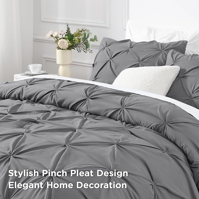 Andency Gray Pinch Pleat Comforter Twin(66x90Inch), 2 Pieces(1 Grey Pintuck Comforter and 1 Pillowcase) Microfiber Down Alternative Bedding Set