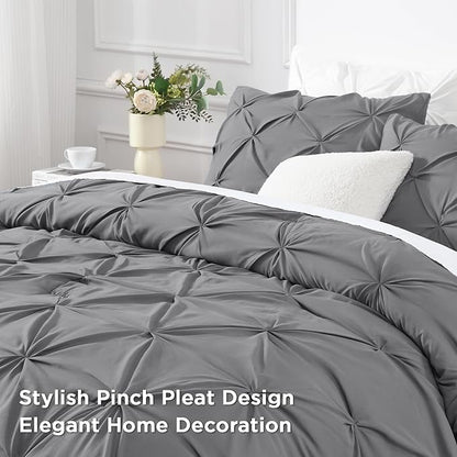 Andency Medium Gray Pinch Pleat Comforter Full(79x90Inch), 3 Pieces(1 Down Alternative Comforter and 2 Pillowcases) Grey Bed Set Microfiber Pintuck Bedding Set