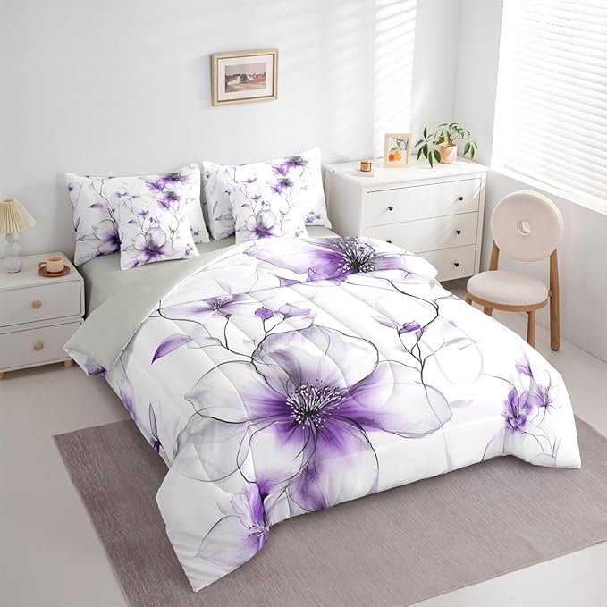 Erosebridal Purple Flower Full 7 Pcs Bedding Set for Women, Boho Floral Comforter Set with Sheets, Watercolor Floral Elegant Bed Sets for Girls Adults, Ink Painting Style Blossom & Leaf Bed in A Bag