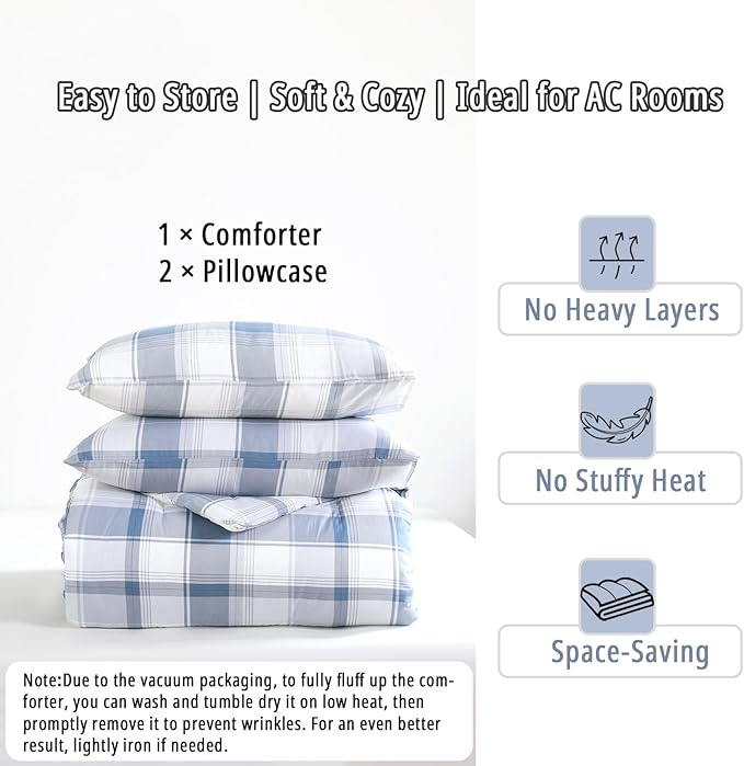 Vintage Cotton Comforter King Size 3Pcs - Classic Tartan Plaid Pattern with Denim Blue, Soft Gray and White, Lightweight Bedding Sets with Soft Fill(1 Comfoter 104"×90", 2 Pillowcases)