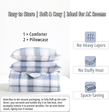 Vintage Cotton Comforter King Size 3Pcs - Classic Tartan Plaid Pattern with Denim Blue, Soft Gray and White, Lightweight Bedding Sets with Soft Fill(1 Comfoter 104"×90", 2 Pillowcases)