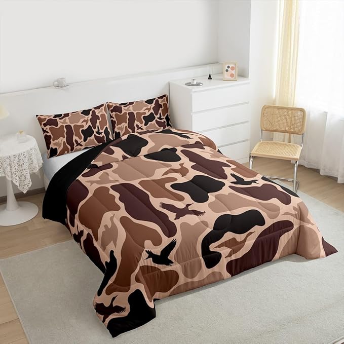 Erosebridal Duck Huner Comforter Set Toddler Size Camo Bedding Set for Adults Teens Rustic Hunting Army Comforter Woodland Camouflage Military Quilt Bedroom Decor