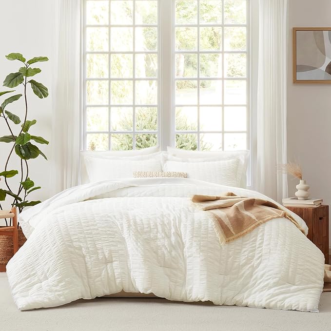 CozyLux King Size Comforter Set Ivory Seersucker 7 Pieces Bed in a Bag King Comforter Set with Sheets, Luxury Soft Bedding Set with Down Alternative Comforter, Sheets, Pillowcases & Shams All Seasons