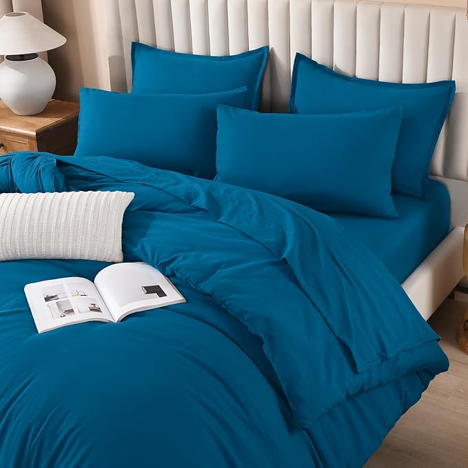 Litanika Comforter King Size Set Teal - 7 Pieces Bed in a Bag King Bedding Comforter Sets, Plain Lightweight Bed Set with Comforter, Sheets, Pillowcases & Shams