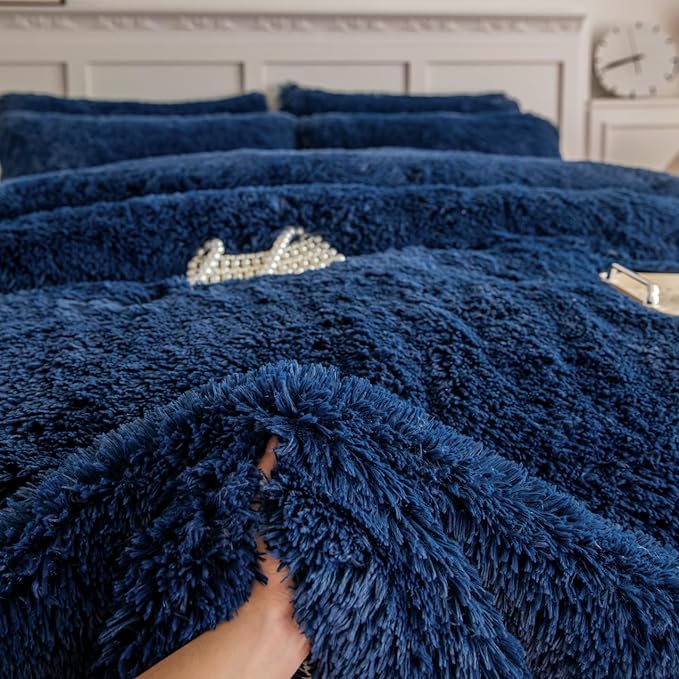 chovy Faux Fur Plush Royal Blue Comforter Sets King - Ultra Soft Shaggy Flannel Velvet Fluffy Fuzzy 3PC Bedding Set (Comforter x 1 Pillowcases x 2)