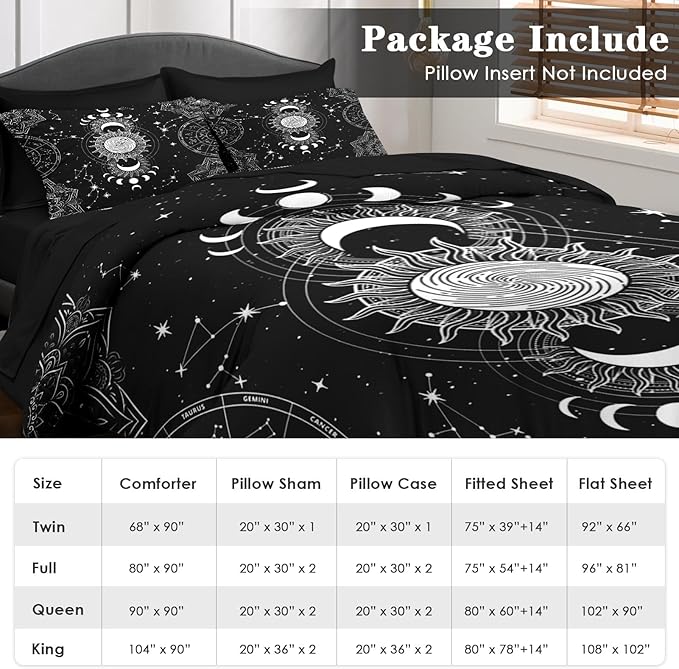Comforter Set Twin Size, Sun Moon Tarot Vintage 5 Pcs Bedding for Kids and Adults, Boho Bohemian Retro Bed Sheet Sets with Fitted Sheet Pillowcase & Sham for Bedroom Bed Decor