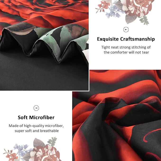 Drucon Queen Comforter Set - 7 Pieces Floral Black Soft Bedding Sets, Queen Bed in a Bag with Botanical Red Flowers Comforter, Sheets, Pillowcases & Shams