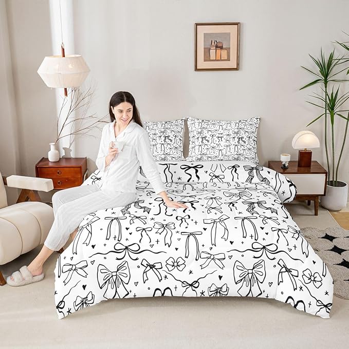 Castle Fairy Black Bowknot Bedding Sets Twin Size,Bow Tie Knot Pattern Comforter Set 2Pcs for Kids Girls Women Room Decor,Sweet Princess Style Quilted Duvet Girly Modern Down Comforter,1 Pillowcase