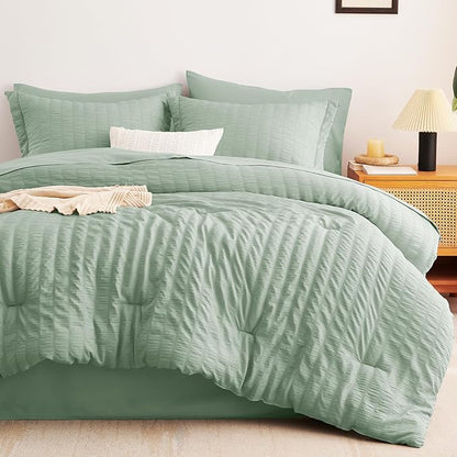 CozyLux Full Size Comforter Sets with Sheets Seersucker 7 Pieces Sage Green Bed in a Bag Textured Luxury Soft Bedding Set with Down Alternative Comforter, Sheets, Pillowcases & Shams for All Seasons