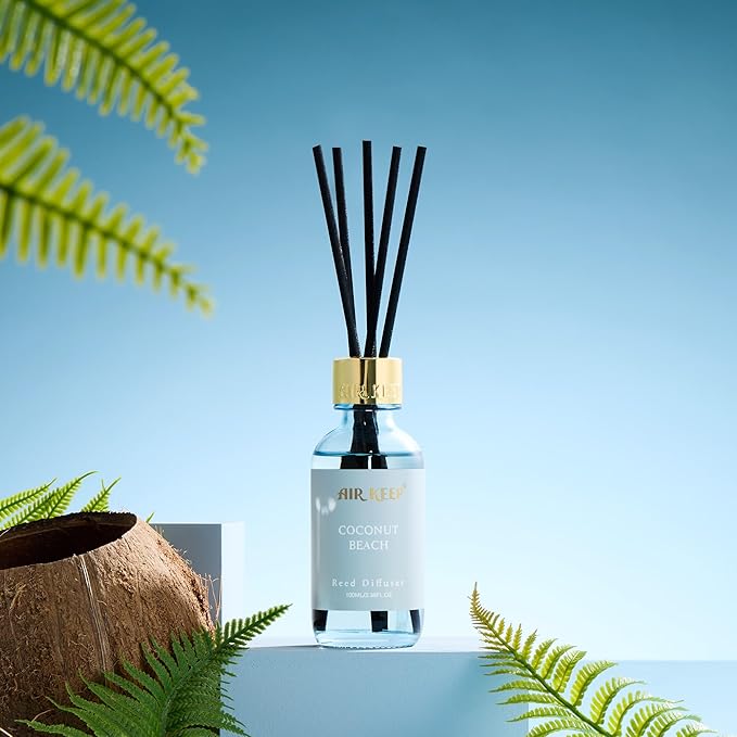 Airkeep Reed Diffuser Set, 3.38 fl oz (100 ml) - Coconut Beach Oil Diffusers with 8 Reed Sticks, Home Fragrance Reed Diffuser for Bathroom Shelf Decor