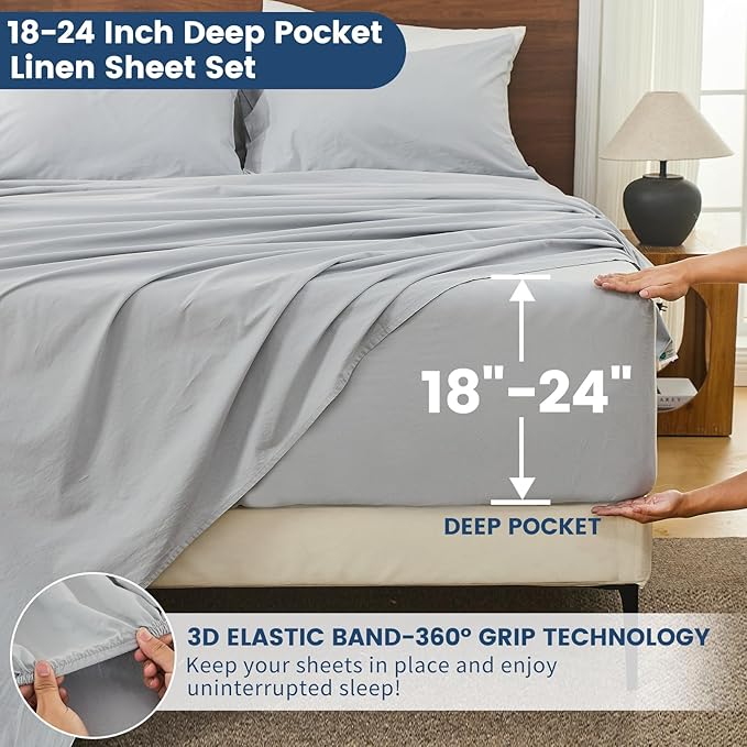 Bedlifes 100% French Linen Sheets California King Size 18-24" Extra Deep Pocket 4-Piece Set Breathable & Moisture-Wicking,Soft & Durable Sheets for Thick Mattresses(Grey)