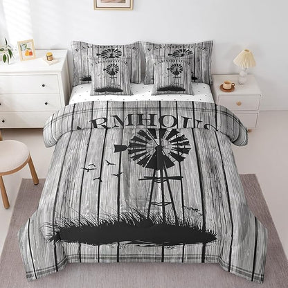 Erosebridal King Size Windmill Comforter Set with Sheets & Pillows - 7-Piece Rustic Wooden Decor Bed in a Bag