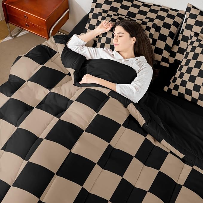 Feelyou Checkered Retro Comforter Set with Sheets 7 Piece King Size Brown Plaid Bed in a Bag Kids Boys Girls Geometric Vintage Bedding Set Modern Simple Groovy Aesthetic Bedroom Decor Breathable Soft