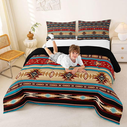 Aztec Quilt Ethnic Tribal Arrow Comforter Set,Retro Southwest Native Bohemian Bedding Set Full,Western Star Geometric Sriped Duvet Insert African Tribe Exotic Nordic Style Boho Decor,Red Blue Brown