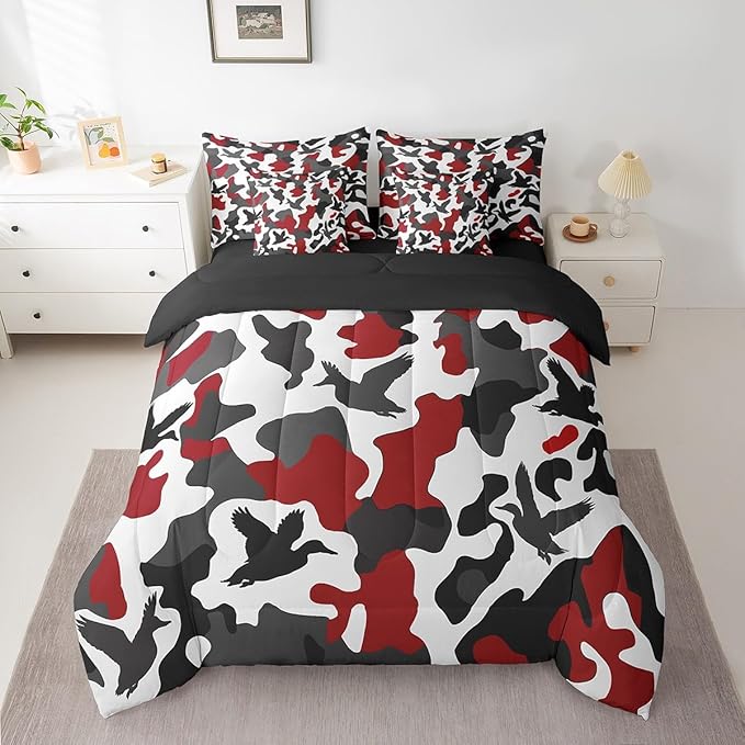 Erosebridal Duck Hunter 7 Pcs Comforter Set King Size Camo Bedding for Kids Boys Men Army Camouflage Hunting Bed in A Bag Sheet Set Vintage Red Black Room Decor Wild Animal Duck Rustic Bed Set