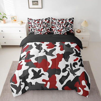 Erosebridal Hunting 7 Piece Full Size Camouflage Bedding for Kids Boys Men - Army Wild Duck Bed in a Bag Sheet Set - Vintage Red Black Room Decor - Wild Animal Duck Rustic Comforter Set