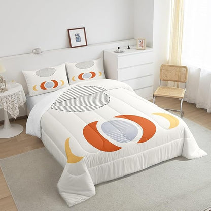 Erosebridal Mid Century Comforter Set Queen Abstract Moon Bedding Set, Striped Down Comforter White Aesthetic Bed Set, Retro Minimalism Quilted Duvet Modern Art Bedroom Decor Ultra Soft 3pcs