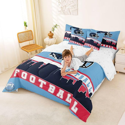 Erosebridal Football 7 Pcs Comforter Set Queen Football Fans Bedding for Boys Girls Football City Sheet Set Bed in A Bag Purple Rugby Competition Room Decor Sports Ball Game Quilt