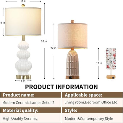 Modern White Table Lamps Set of 2 - Bedside Lamps for Night Stands, 26" Triple Gourd Ceramic Lamps for Living Room with USB A+C Ports & AC Outlet,3 Way Touch Lamps for Bedroom (LED Bulbs Included)