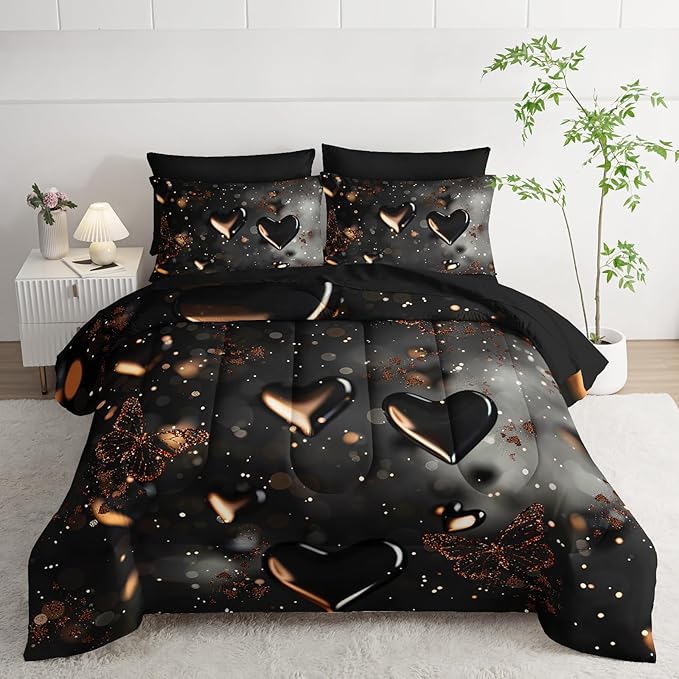 7 Piece Black Heart Comforter Set King，King Size Heart Bedding Set，Heart Themed Bedroom Decor，(1 Comforter, 1 Flat Sheet, 1 Fitted Sheet, 2 Pillowcase and 2 Pillow Sham)