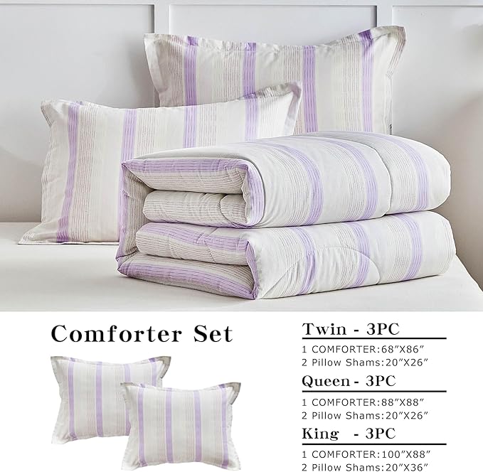 Joyreap 3pcs Cotton Comforter Set Twin, Purple Stripes Stylish Design, Soft Cozy Lightweight Bedding Comforter Set for All Seasons- 68x88 inches