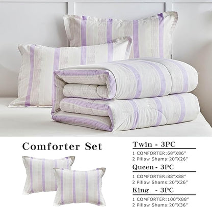 Joyreap 3pcs Cotton Comforter Set Queen, Purple Stripes Stylish Design, Soft Cozy Lightweight Bedding Comforter Set for All Seasons- 88x88 inches