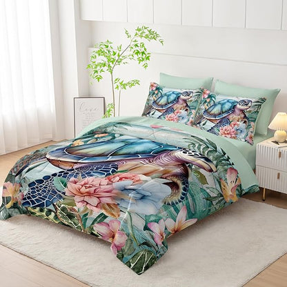 Spring Sea Turtle Comforter Set 7 Pcs Bedding Set Full Size,Spring Sea Turtle Theme Bedding Set 7 Piece in A Bag,Wooden Floral Tropical Plants Printed Quilts Set Lightweight Soft