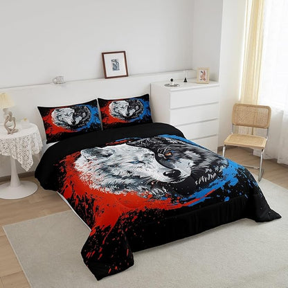 Manfei Tai Chi Wolf Comforter King,Taekwondo Safari Animals Black White Quilt Comforter with 2 Pillowcases,Traditional Chinese Paint Graffiti Red Blue Bedding Set Comfortable,Soft and Breathable